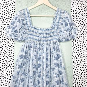 Vintage Blue Floral Balloon Sleeve Midi Dress